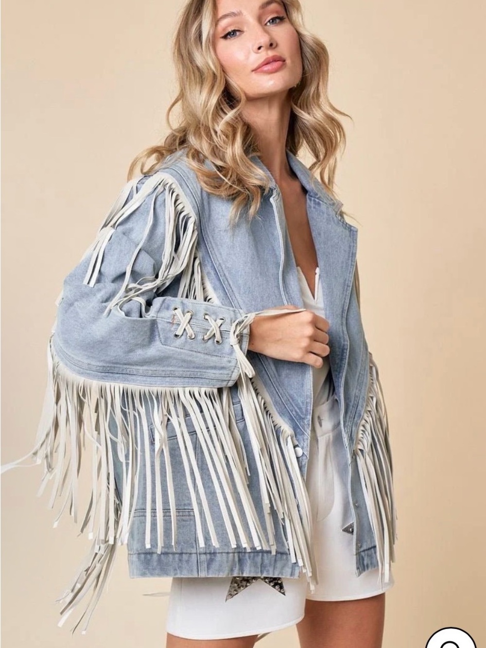 Saints & Hearts Light Blue Fringe Denim Jacket with White Trim - Picture 2 of 10